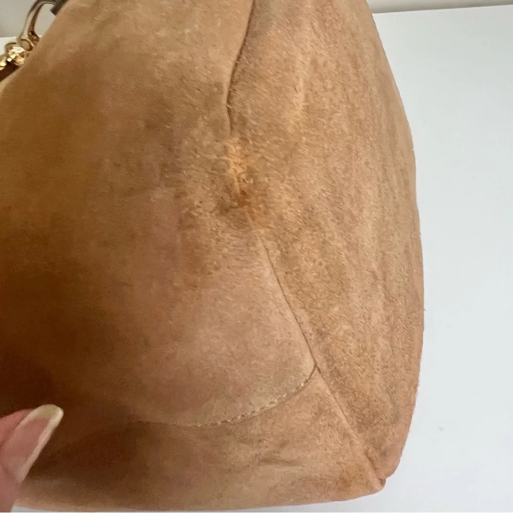 India Hicks Tan Suede Edwina Hobo Bag Purse with Gold-Tone Hardware